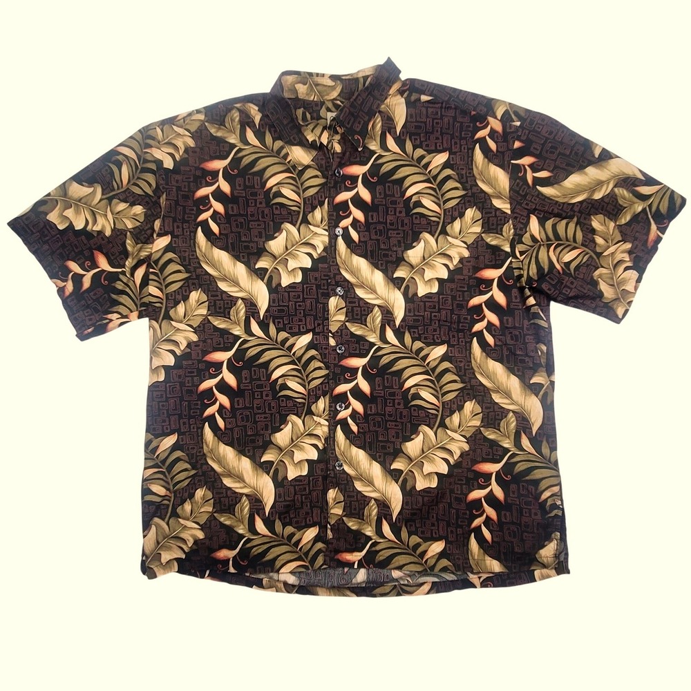 Cooke‎ Street Honolulu Mens 2XL Brown Tropical Palm Leaf Cotton Aloha Shirt